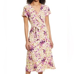 NWT Halogen Woman’s XXS Crossover Short Sleeve Purple Floral Wrap Dress